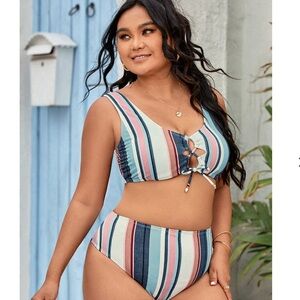 Cupshe Wild Romance striped bikini with lace up bralette and high waist bottoms